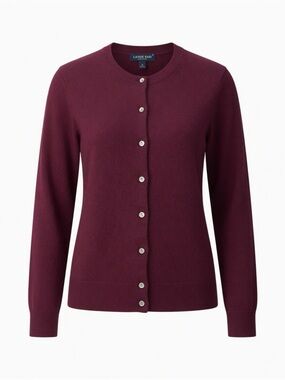 Lands' End Women's Burgundy Crewneck Button-Front Cardigan Set 100% Cashmere